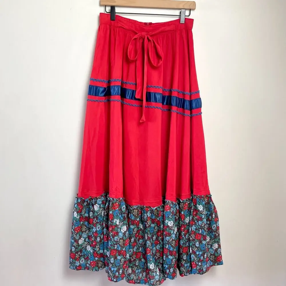 Vintage Handmade Prairie Maxi Skirt Sz 6‎ Tiered Ruffle Floral Folk Cottage Boho